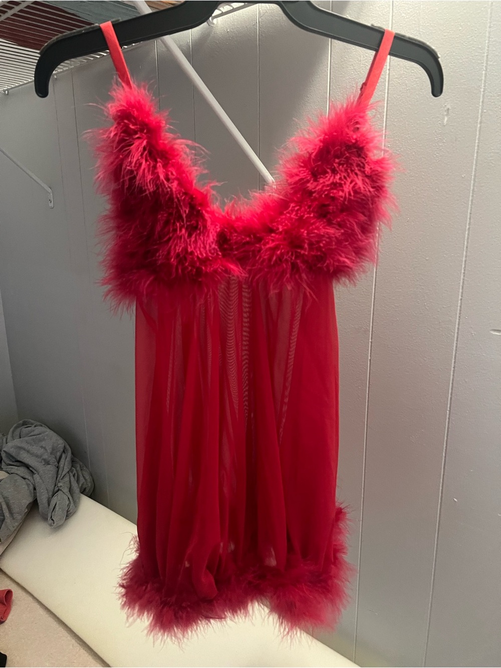 Red Feather-Trim Sheer Babydoll Chemise - Women Intimates